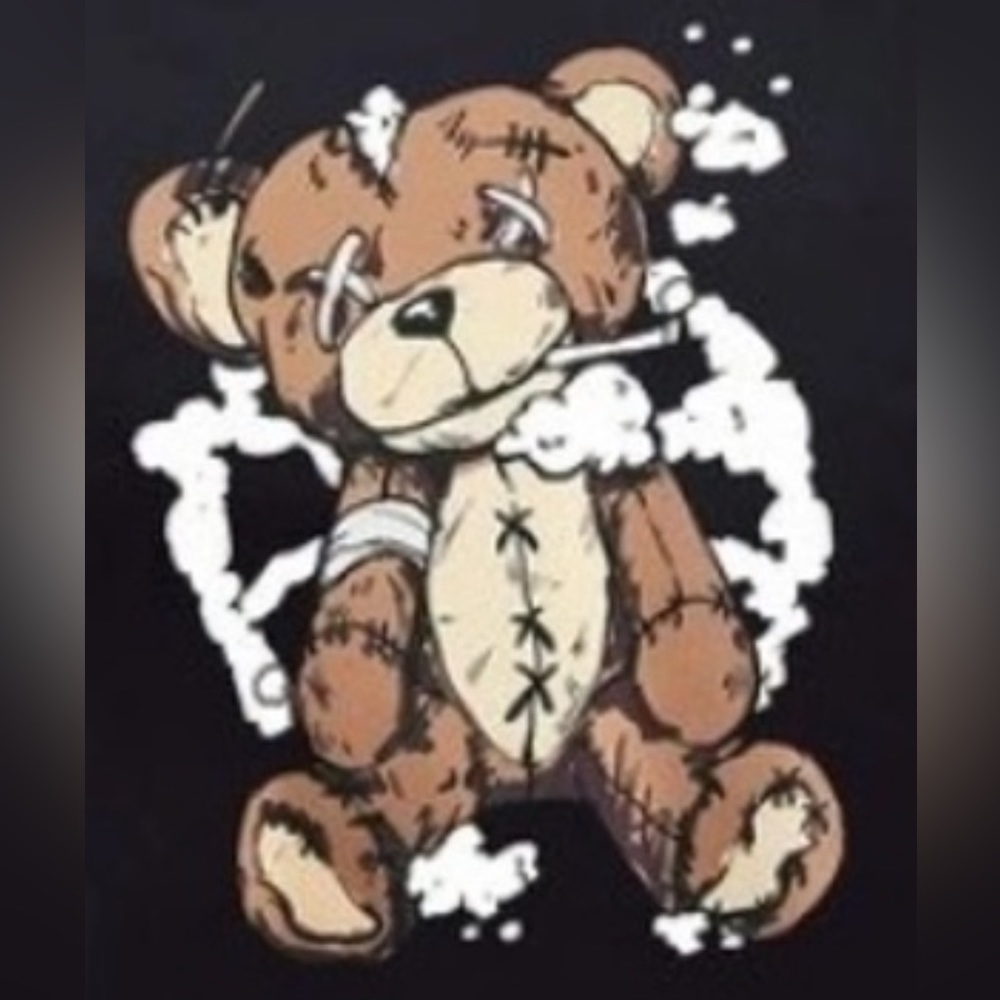 High Times Smokey The Teddy Bear Distressed,  Eyes Sewn Shut Black T-Shirt